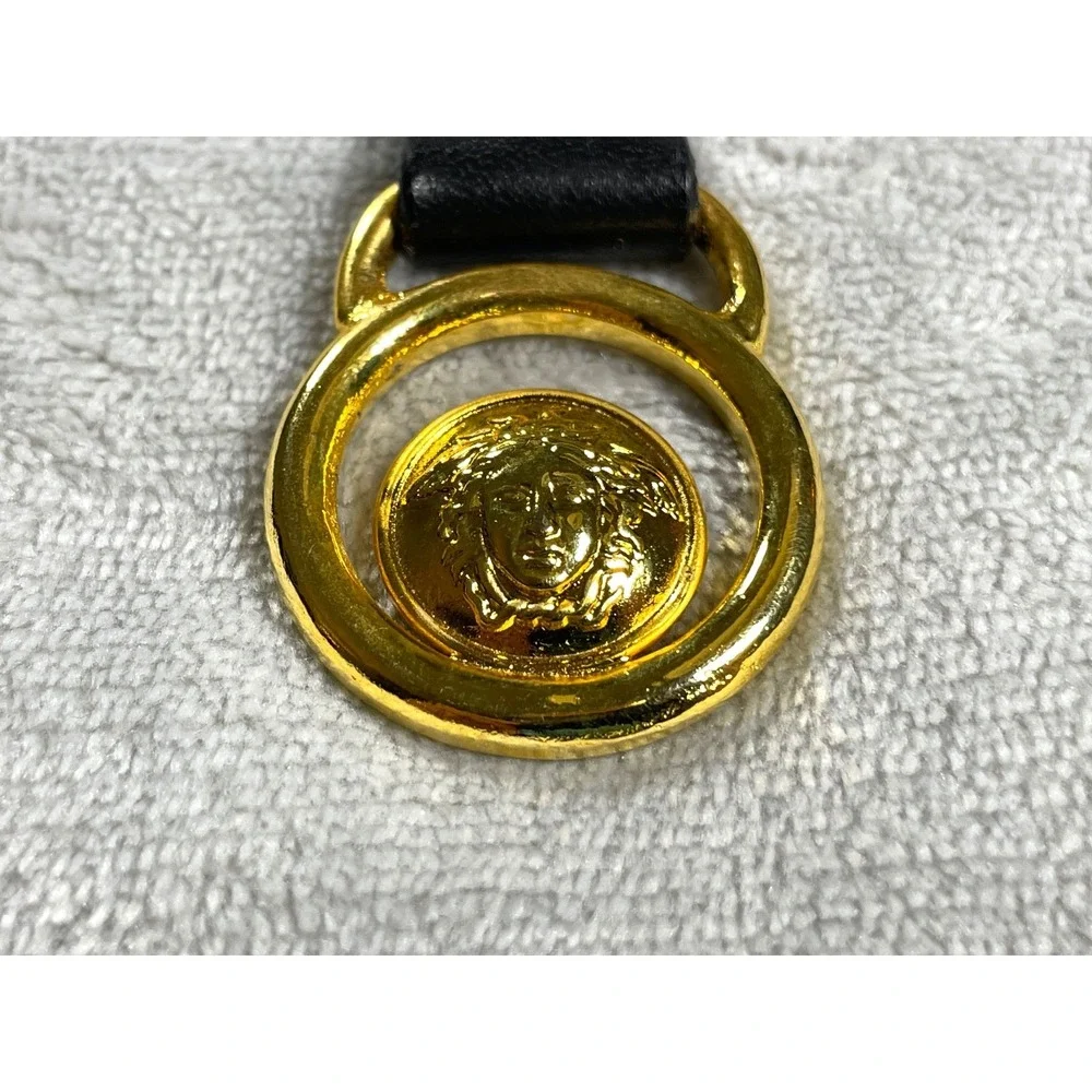 Vintage Gianni Versace Medusa Keychain Black Gold Leather Studded With Box Tag